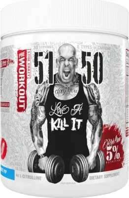 A white tub of pre-workout supplement with a graphic of a muscular man holding dumbbells.