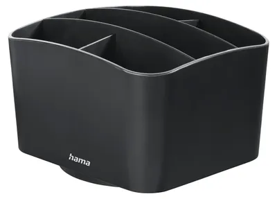 A black desk organizer with multiple compartments.