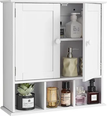 Image de Armoire murale pour salle de bain, 2 portes et étagère réglable, armoire à pharmacie suspendue au-dessus des toilettes, organiseur suspendu avec étagères et cloison ouverte pour buanderie, cuisine ou salle de bain, blanc
