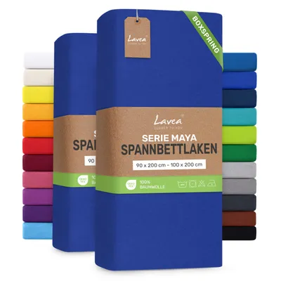 Produktbild von Lavea® 2er Pack Spannbettlaken 90/100x200 cm, Jersey Bettlaken 100% Baumwolle – Boxspringbetten, Wasserbetten, Matratzen bis 35 cm – Royalblau