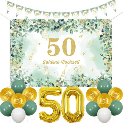 Goldene Hochzeit Dekoration Set mit Hintergrund, Ballons & Wimpelkette