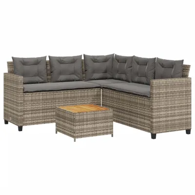 Image de vidaXL Canapé de jardin en L avec table et coussins Gris Poly rotin