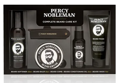 Obrázek produktu pro Sada pro péči o vousy: olej na vousy, balzám na vousy, šampon na vousy, hřeben na vousy, kondicionér na vousy. Obsah: 50 ml oleje na vousy, 75 ml šamponu na vousy, 65 ml balzámu na vousy, 100 ml zjemňovače na vousy, skládací hřeben na vousy
