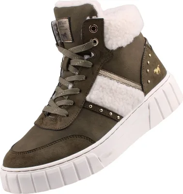 A single green high-top sneaker with white fluffy lining and gold accents.