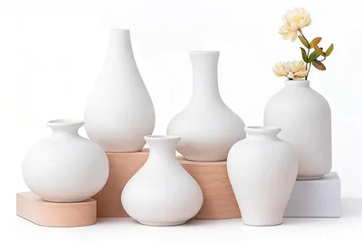 Image de Ensemble de vases en céramique - 6 vases blancs pour fleurs, idéaux pour la décoration intérieure