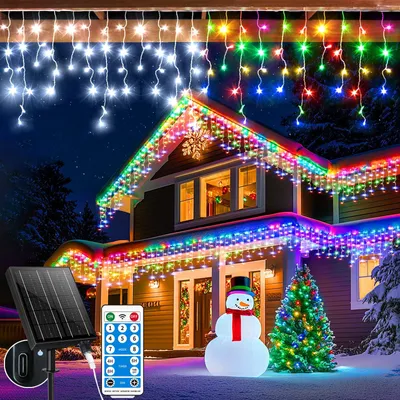 Solar-Eiszapfen-Lichterkette 30 m, 800 LED, Fernbedienung, weiß+multicolor