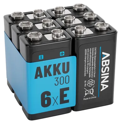 A group of six 9V rechargeable batteries are bundled together with a blue plastic holder.