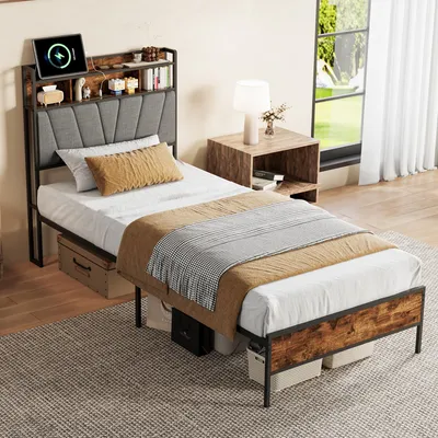 Produktbild von REMZETTA Polsterbett 90x200 cm Grau mit LED, USB-C & Stauraumkopfteil