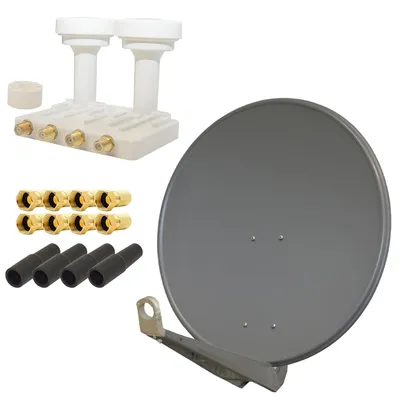 Produktbild von PremiumX DELUXE80 Alu 80cm SAT Schüssel Anthrazit Monoblock Quad Weiß 4x Gummitülle 8x F-Stecker