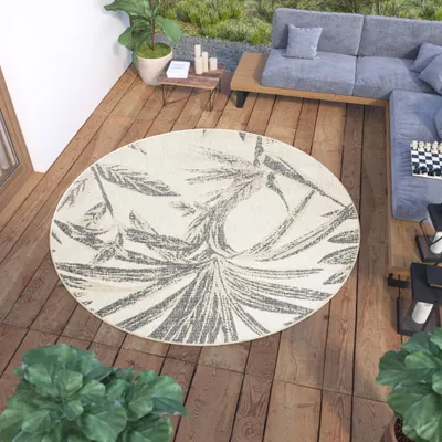 Image de Tapis Rond Outdoor Indoor Salon Chambre Design Moderne Terrasse Balcon Crème Gris 160 x 160 cm