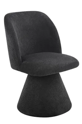 A single dark gray upholstered chair with a conical base.