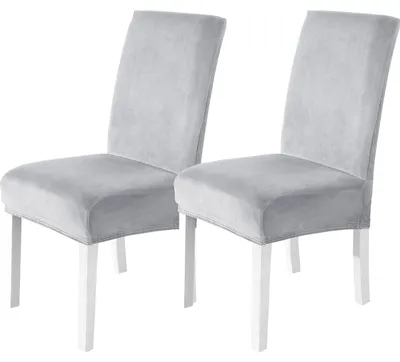 Produktbild von Samt-Stuhlhussen, 2er-Set, elastische Stuhlhussen, Stuhlhussen für Freischwingerstühle, Hussen für Stühle mit hoher Rückenlehne, kratzfeste Stuhlhussen, universell waschbare Stuhlhussen, silbergrau