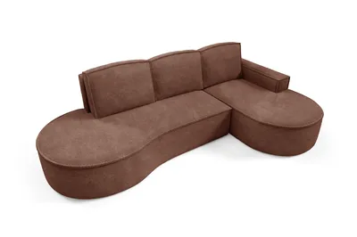 A brown sectional sofa with a curved design is shown against a white background.