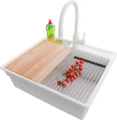 Produktbild von PRIMAGRAN Granitspüle Weiß 58x53cm, Spülbecken 1 Becken + Küchenarmatur 38x14cm + Ablauf-Set + Küchenzubehörset, Küchenspüle ab 60er Unterschrank - Oslo Pocket