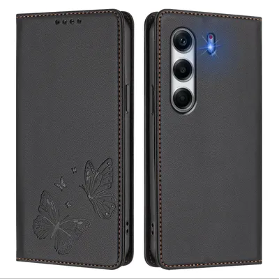 Produktbild von Lederhülle für Tecno Camon 40 Pro 4G, Schmetterling Prägung Leder Brieftasche Schutzhülle mit Ständer Schwarz