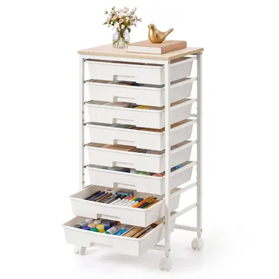 Obrázek produktu pro VASAGLE vozík s 8 zásuvkami, úložný vozík s dřevěnou deskou, organizér do kanceláře a koupelny, rozměry 39,5 x 28,5 x 76,5 cm, bílá barva