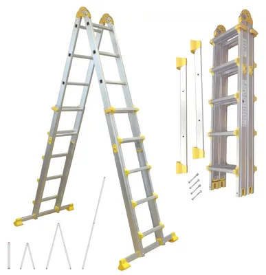 Produktbild von Alu Teleskopleiter ausziehbar, Klappleiter 4-teilig, 4,6 m, bis 150 kg, Stehleiter, Anlegeleiter