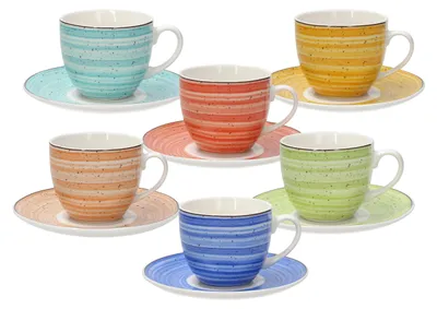 6-teiliges Kaffee-/Teetassen-Set mit Untertassen, bunt