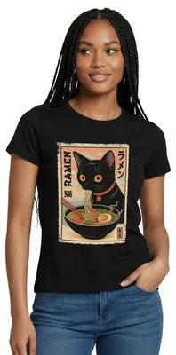 Produktbild von Spreadshirt Ramen Katze | Schwarze Katze Mit Nudelsuppe Frauen T-Shirt, S, Schwarz