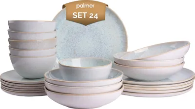 Produktbild von palmer Light Blue Sea Steingut Geschirr-Set für 6 Personen - Tafelservice 24-tlg. grau hellblau weiß beige, Seidenglanz, spülmaschinenfest