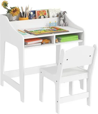 Imagen del producto de Conjunto de escritorio y silla para niños Qaba, mesa de estudio con espacio de almacenamiento, color blanco