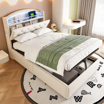 A child's bedroom with a bed, desk, and rug.