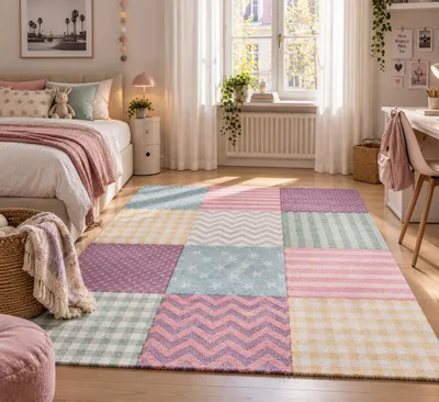 Produktbild von Kinder Teppich Maui Kids Pastel Bunt Karo Sterne, Größe:160x230 cm, KI-generiertes Bild