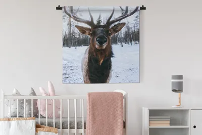 Produktbild von MuchoWow® Wandteppich Wandbehang Rotwild - Schnee - Geweih 90x90 cm Tapisserie Dekoration Wandtuch - Wandaufhänger
