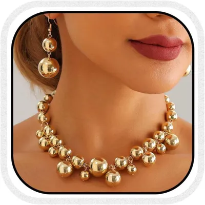 Produktbild von Chunky Perlen Choker Halskette Set, goldene Perlen, Punk Stil, Statement Schmuck für Frauen