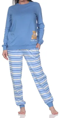 Produktbild von Normann Damen Pyjama mit Bündchen - Kuschelinterlock – mit Teddybär Motiv ; hellblau , 36