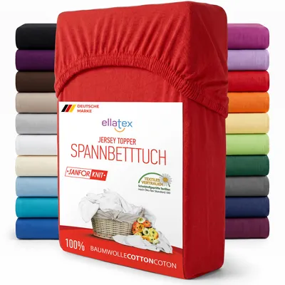 Produktbild von EllaTex Jersey Topper Spannbettlaken 90x200–100x200 Baumwolle – weich, atmungsaktiv, Spannbetttuch für Topper 7–12 cm, in Farbe: Rot