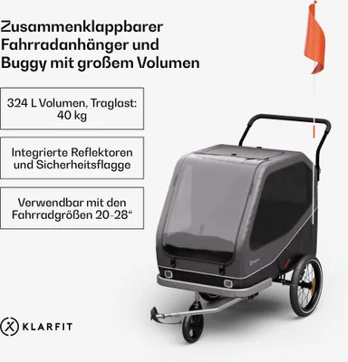 Produktbild von Klarfit Fahrrad-Hundeanhänger mit 324 L XXL-Volumen, Hybrid Buggy/Anhänger für das Fahrrad mit Stahlrahmen & integrierten Reflektoren, Bremsen für sicheren Transport - für 2 Haustiere geeignet