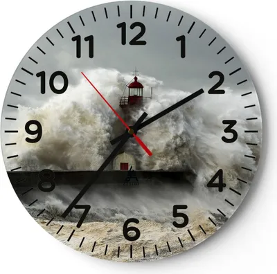 Produktbild von Wanduhr - Rund - Glasuhr - Leuchtturm Ozean Sturm - 30x30cm - Schleichendes Uhrwerk - Lautlos - zum Aufhängen bereit - Dekoration Modern - Wanddekoration aus Glas - C4AR30x30-2442