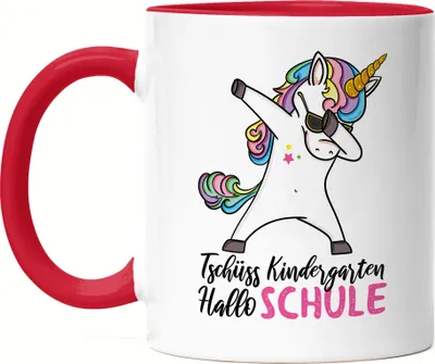 Produktbild von Tschüss Kindergarten Hallo Schule Tasse Rot Einschulungsgeschenk Einhorn Unicorn Fans