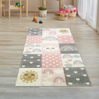 Produktbild von Kinderzimmer Teppich Spielteppich Regenbogen Herzchen Wolken rosa creme grau Größe - 80 x 150 cm