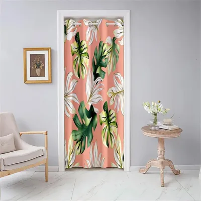 Obrázek produktu pro Záclona na dveře, nepropouštějící světlo, s oky, zelená, s motivem listů, 120x180 cm, polyester