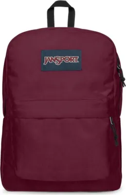 A maroon Jansport backpack is shown against a white background.