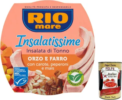 Produktbild von 12x Rio Mare Insalatissime Orzo Farro e Tonno Gerste, Dinkel und Thunfisch 160g mit Karotten, Paprika und Mais Fertiggerichte + Italian Gourmet polpa 400g