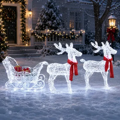 Produktbild von LEADZM 2er-Rentier mit Schlitten & 240 weißen LEDs, beleuchtete Rentier Weihnachtsfigur, Weiß, Weihnachtsdeko Weihnachtsbeleuchtung Außen & Innen