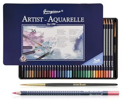 Produktbild von Aquarellstifte 36 wasservermalbar mit Pinsel und Blechdose, dreikant