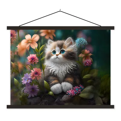 Produktbild von MuchoWow® Textilposter Kätzchen - Illustration - Blumen - Natur - Katze 40x30 cm mit schwarzem Rahmen - Dekorationen
