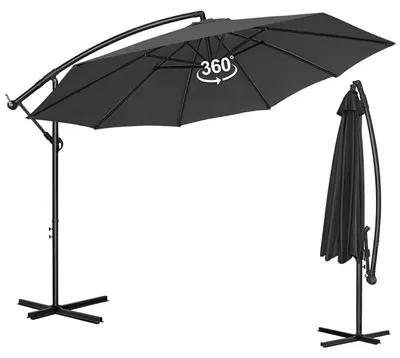 Immagine prodotto di Ombrellone da giardino, diametro 3 metri, con manovella, protezione UV 40, resistente al vento, rotazione a 360°, colore grigio scuro