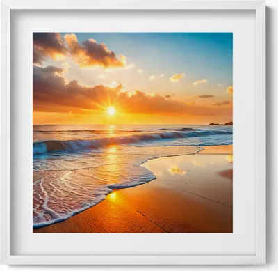 Produktbild von Sonnenuntergang über dem Meer– Wandbild mit Rahmen – Gerahmtes Bild  – Wanddekoration – 50x50 cm –  Weiß Rahmen