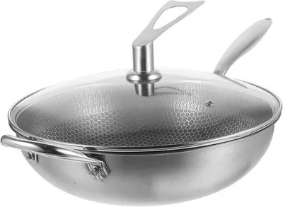 Image de Wok en acier inoxydable avec couvercle, profond, pour cuisinière, surface alvéolée