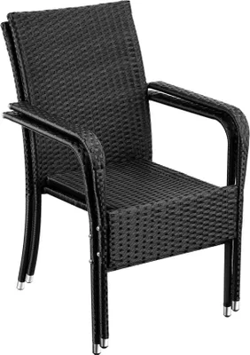 A black rattan chair is shown against a white background.
