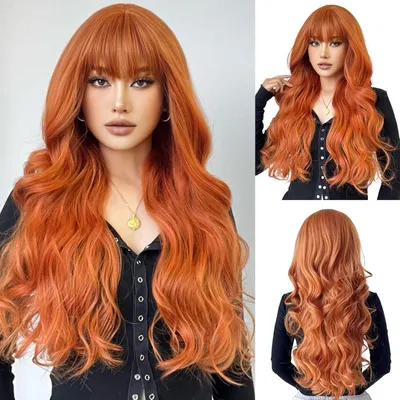 Produktbild von Lang Gewellt Orange Synthetische Perücke Frauen Hitzebeständig Halloween Cosplay