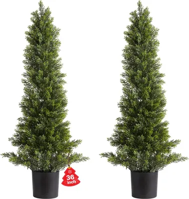 Obrázek produktu pro Umělé cedry ve tvaru střihu - sada 2 umělých stromů - výška 91 cm - pro vnitřní i venkovní použití - snadná montáž - dekorace pro verandu, terasu, zahradu, balkon, kancelář