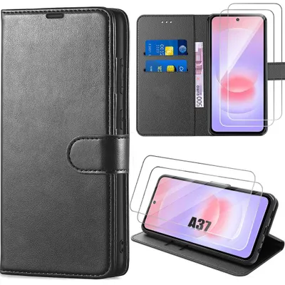 Image de Coque + 2 Verres Trempés pour Samsung Galaxy A37 5G, Protection Rabat Anti-Rayures Synthécuir Noir