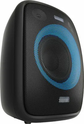 A black party speaker with a blue illuminated ring around the main speaker.