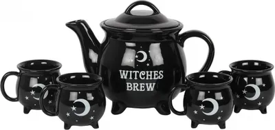 Produktbild von 5-tlg. Gothic Teeservice mit Hexenkessel für Halloween & Walpurgisnacht Fans
